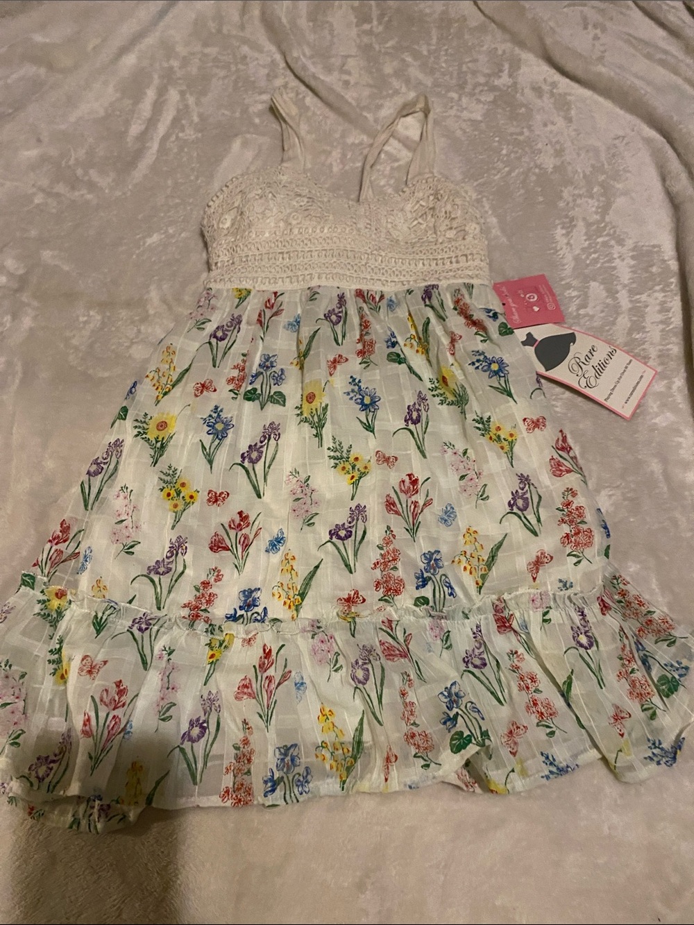 NWT Rare Editions Girls Floral Sundress Crochet Lace Tie Back Size 8